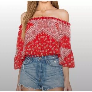 Tularosa (Revolve) Alex Cherry Red Bandana Print Off-Shoulder Pom Pom Top Size S